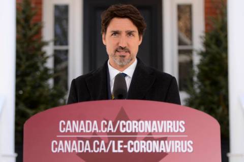Canadian Prime Minister Justin Trudeau addresses Canadians on the COVID-19 pandemic from Rideau ...