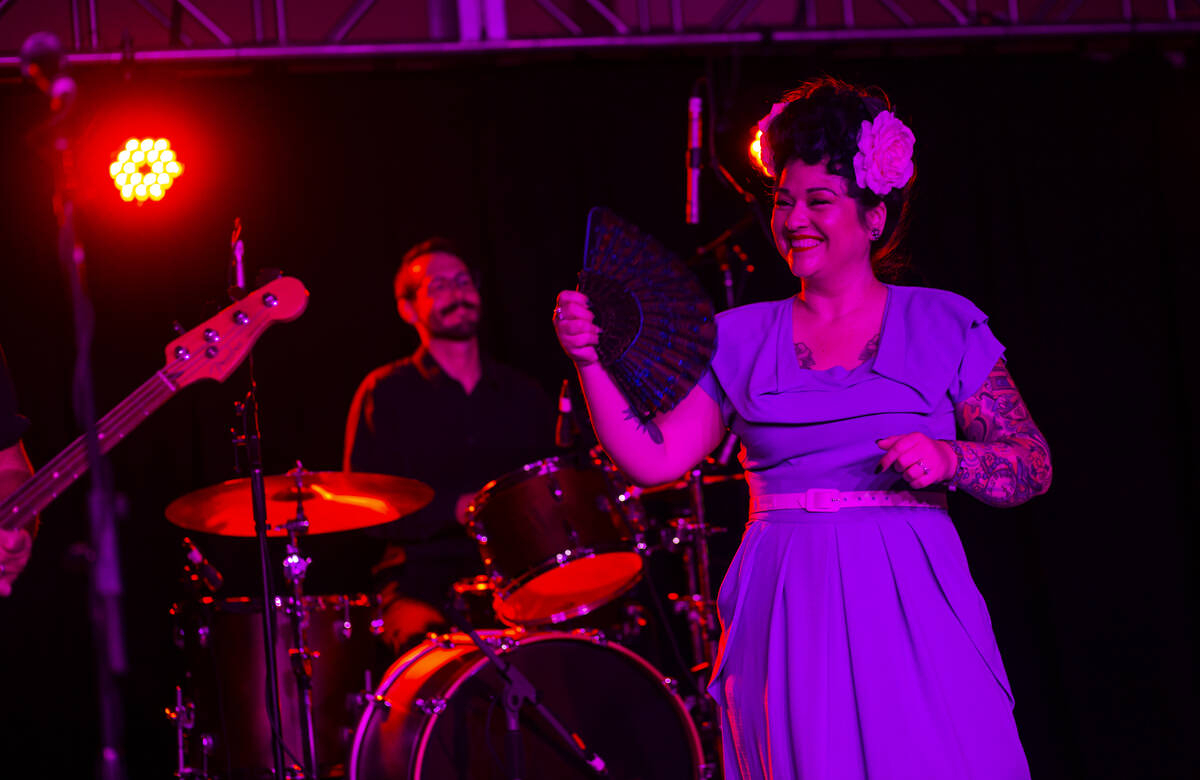 Shanda Cisneros, of Las Vegas band Shanda & the Howlers, performs during the first day of V ...