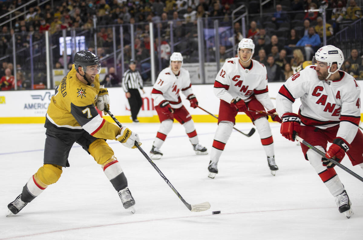 Golden Knights defenseman Alex Pietrangelo (7) shoots on goal past Carolina Hurricanes left win ...