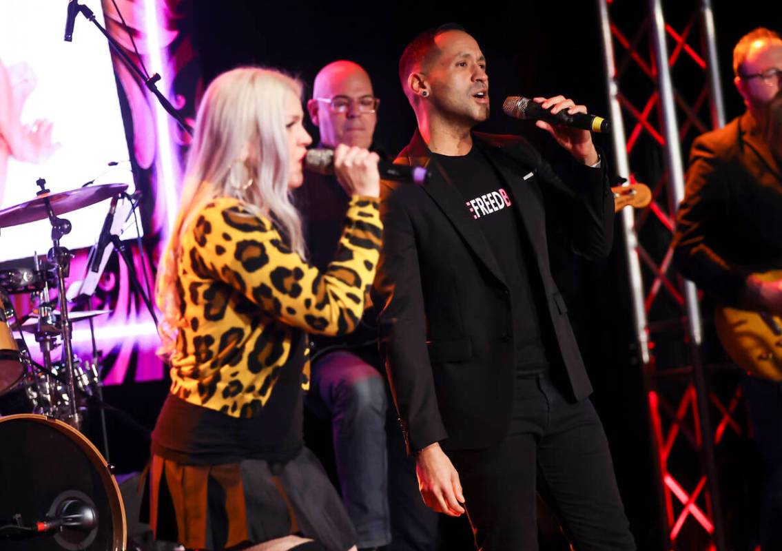 Paige Strafella, left, and Justin Rodriguez perform during a "Monday's Dark" show cel ...