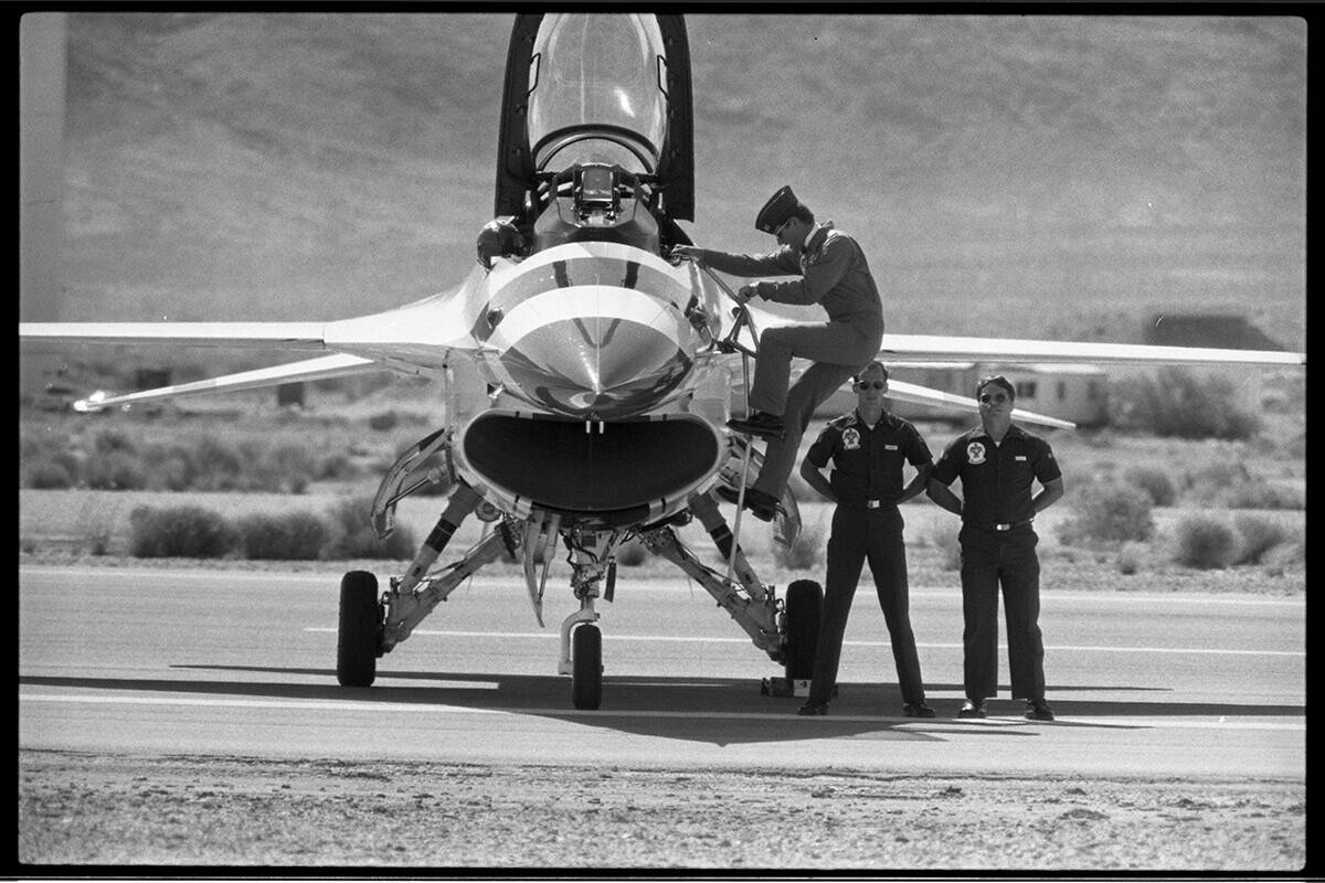 Thunderbird F-16 jets and officers in uniform on Nellis Air Force Base at the biennial Nellis A ...