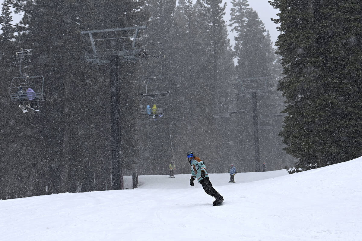 Skiers enjoy a day of skiing and snow fall at North Star California Resort on Thursday, Feb. 29 ...