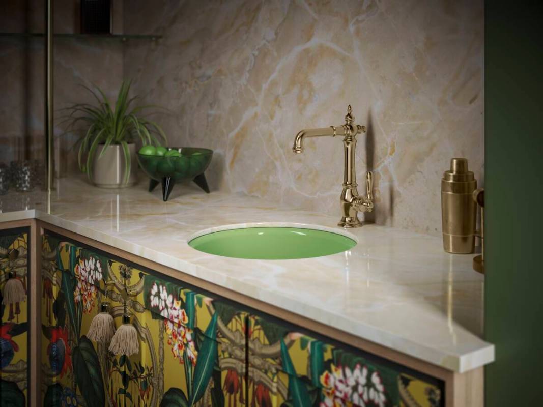 Colorful tiles and fixtures were highlighted at the Kohler booth at the annual Kitchen & Bath I ...