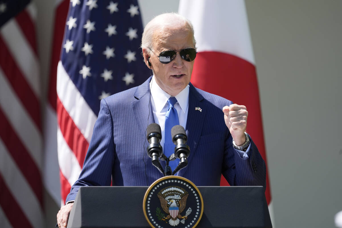 President Joe Biden speaks during a news conference with Japanese Prime Minister Fumio Kishida ...