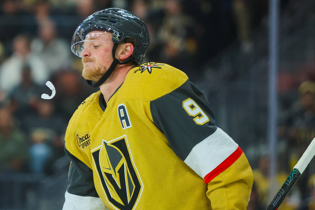 Golden Knights center Jack Eichel (9) loses his mouthguard during the first period of a preseas ...