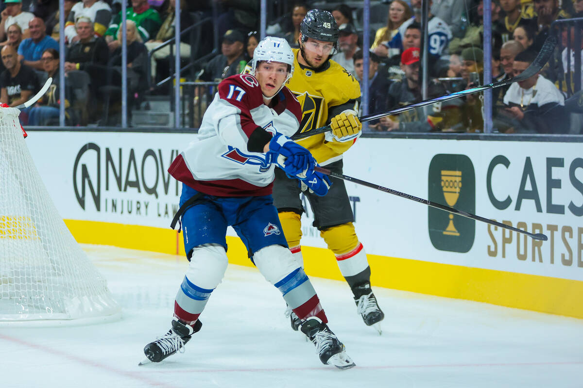 Colorado Avalanche center Parker Kelly (17) skates after the puck while Golden Knights center I ...