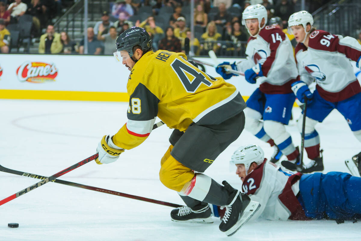 Golden Knights center Tomas Hertl (48) skates towards the puck during the third period of a pre ...