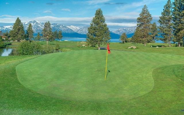 Hole No. 14 at Edgewood Tahoe Golf Course is a good example of how scenic this trip for two can be.