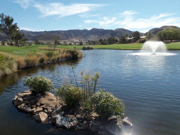 Hole No. 18‘s Turtle Island has an easternly view of the mountains at Desert Willow Golf Course, 2020 W. Horizon Ridge Parkway, in Henderson. Special to View