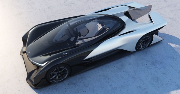 This top-down view of the Faraday Future FFZero1 concept electric car shows its low vertical profile, bubble top with 180-degree view, reclining driver seat and jet fighter cockpit. COURTESY