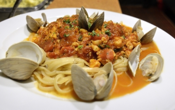 The linguini and clams with red sauce is shown at BriggÃ¾ÃÃ´s Oyster Co. in the Suncoast hotel-casino at 9090 Alta Drive in Las Vegas on Sunday, Feb. 21, 2016. Bill Hughes/Las Vegas Review- ...