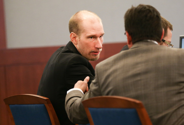 Jason Lofthouse talks with his defense lawyers during his trial at the Regional Justice Center in Las Vegas on Tuesday, March 22, 2016. (Chase Stevens/Las Vegas Review-Journal Follow @csstevensphoto)