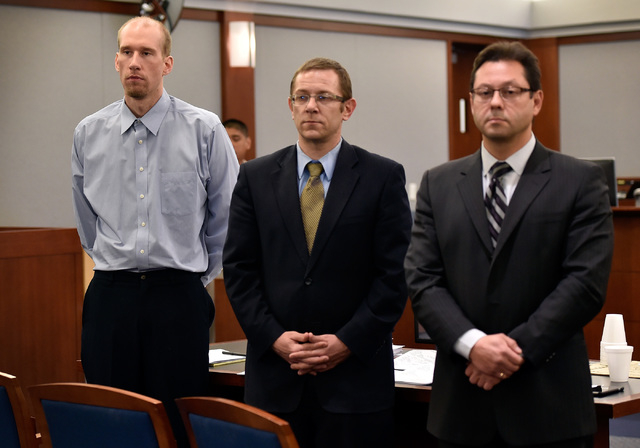 Jason Lofthouse, left, stands with his attorneys, Jason Margolis, center, and Dmitry Gurovich during jury selection at the Regional Justice Center Monday, March 21, 2016, in Las Vegas.  (David Bec ...