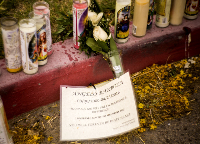 A make shift memorial for shooting victim Angelo Barbosa 15, is seen Monday, April 25, 2016 at Hollywood Recreation Center, 1650 S. Hollywood Boulevard. Jeff Scheid/Las Vegas Review-Journal Follow ...