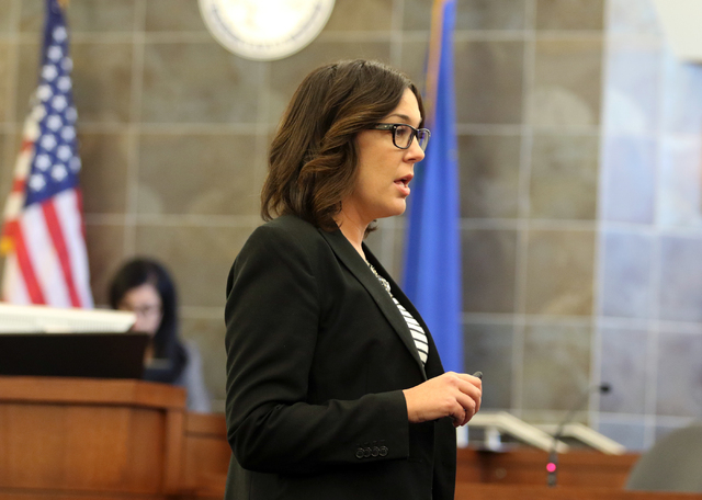 District Attorney Dena Rinetti gives her opening statement in the trial of Mark Picozziat in Clark County District Court at the Regional Justice Center, Wednesday, April 13, 2016, in Las Vegas. (R ...