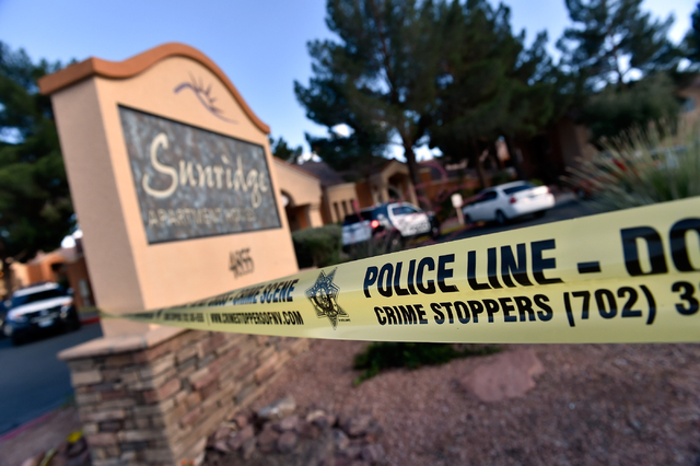 Las Vegas police investigate an apparent stabbing at the Sunridge Apartments along East Vegas Valley Drive near Nellis Boulevard Monday, May 16, 2016, in Las Vegas. David Becker/Las Vegas Review-J ...