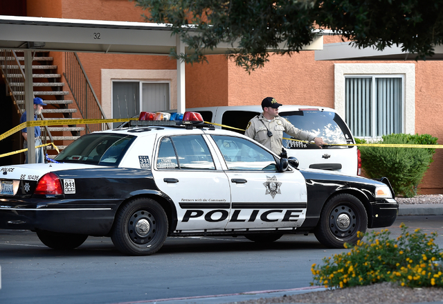 Las Vegas police investigate an apparent stabbing at the Sunridge Apartments along East Vegas Valley Drive near Nellis Boulevard Monday, May 16, 2016, in Las Vegas. David Becker/Las Vegas Review-J ...