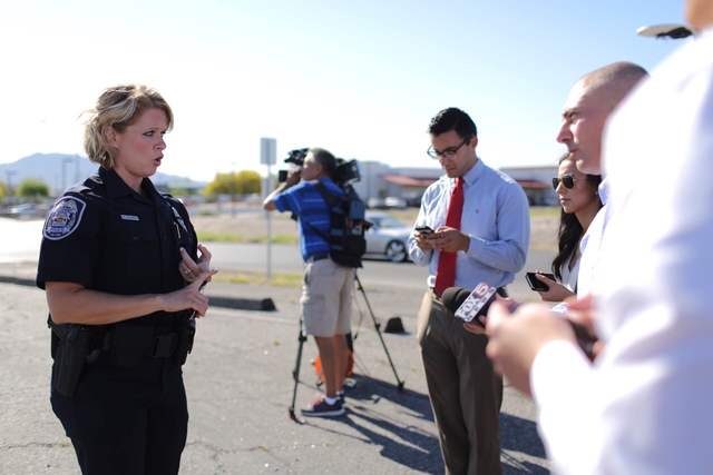 North Las Vegas police spokeswoman Ann Cavaricci briefs the media on an officer-involved shooting at the Silver Nugget casino, 2140 Las Vegas Blvd. North, on Thursday, May 19, 2016. (Brett Le Bla ...