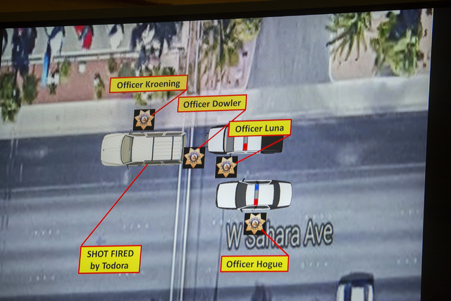 A video screen diagram is seen, Friday, May 20, 2016, during a fact-finding review in the July 2015 officer-involved shooting death of James Todora at the Clark County Government Center. (Jeff Sch ...