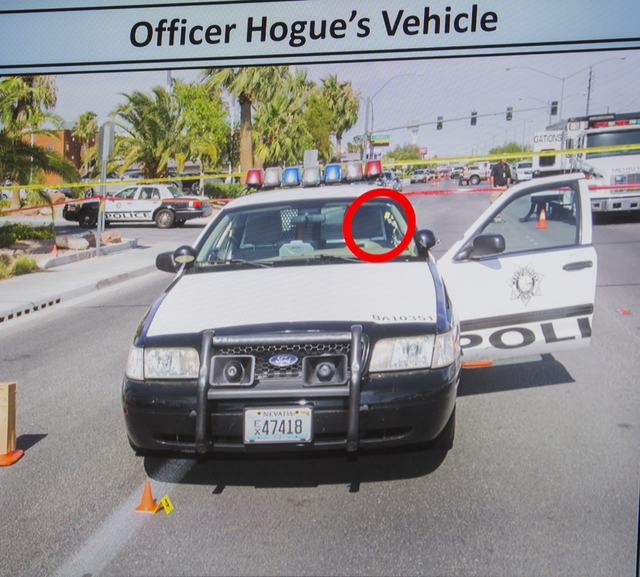 A video screen image shows where a bullet fired from suspect James Todora's gun ricocheted off the window and struck officer Evan Hogue, 28, during a fact-finding review at the Clark County Govern ...
