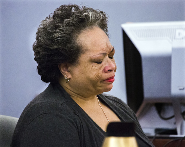 Claudette Jones, grandmother of murder victim 10-year-old Jade Morris, pauses while making a victim statement during the sentencing of Brenda Stokes Wilson at Regional Justice Center on Monday, Ma ...