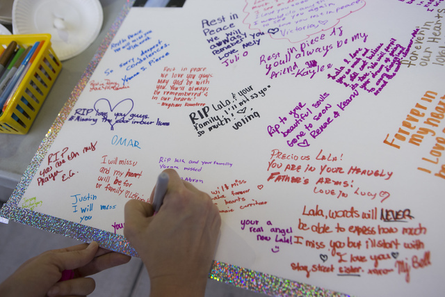 Community members pay their respects to the victims of a murder-suicide by writing messages on Friday, July 1, 2016 in Las Vegas. Loren Townsley/ Las Vegas Review-Journal Follow @LorenTownsley