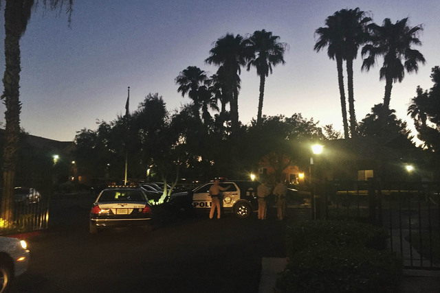 Police were called about 6:30 p.m. to the shooting at Alterra Apartments, 2701 N. Decatur Blvd. (Rachel Crosby/Las Vegas Review-Journal)