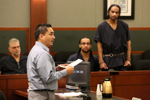 Eric Paet, brother of mudered Nellis airman Nathan Paet, addresses the court before the sentencing of Corry Hawkins, who pleaded guilty to first-degree murder in the slaying of Nellis airman at th ...