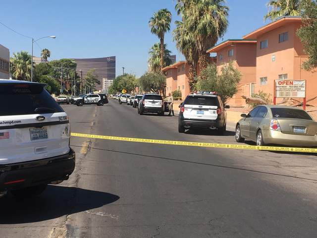 Las Vegas police vehicles are shown at the scene of a shooting Friday, Sept. 9, 2016, in the 1100 block of Sierra Vista Drive, near Boulevard Mall. (Daniel Clark/Las Vegas Review-Journal)