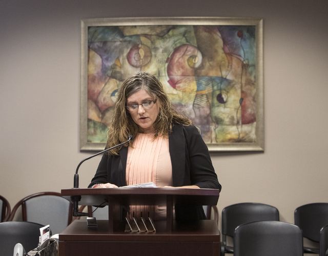 Michelle Perkins, daughter of Jan Sites, speaks during a parole hearing in Las Vegas on Wednesday, Sept. 21, 2016. Sites was murdered by her husband, William Sites, in 2005. Loren Townsley/Las Veg ...