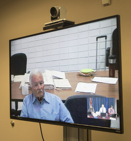 William Sites, convicted of murdering his wife, speaks to the Nevada Parole Board from the Northern Nevada Correctional Center in Carson City during a videoconferenced hearing on Wednesday, Sept.  ...