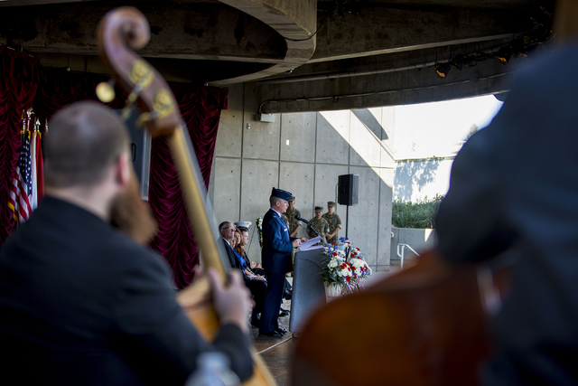 Members of the Henderson Symphony Orchestra listen to Col. Paul J. Murray from Nellis Air Force Base at the Henderson Events Plaza amphitheater Saturday morning, Nov. 5, 2016. Elizabeth Page Bruml ...