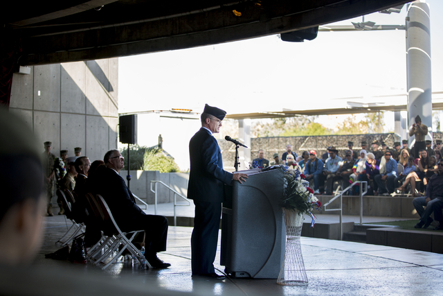 Col. Paul J. Murray from Nellis Air Force Base speaks at the Veterans Day Ceremony held at the Henderson Events Plaza amphitheater Saturday, Nov. 5, 2016. Elizabeth Page Brumley/Las Vegas Review-J ...