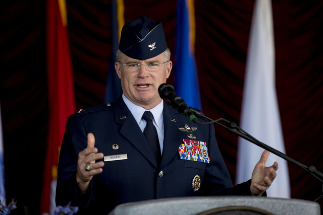 Col. Paul J. Murray from Nellis Air Force Base speaks at the Veterans Day Ceremony at the Henderson Events Plaza amphitheater Saturday, Nov. 5, 2016. Elizabeth Page Brumley/Las Vegas Review-Journal
