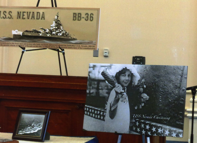 Eleanor Anne Siebert, the 10-year-old niece of Gov. Tasker L Oddie, christens the battleship US ...