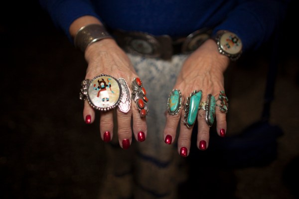 Sandy Bush shows off her rings at the National Finals Rodeo at Thomas & Mack Center on Sund ...