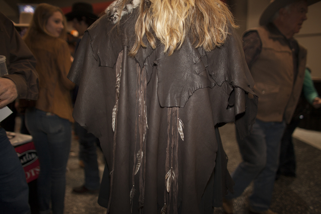 Shelly Weppler shows off her leather jacket at the National Finals Rodeo at Thomas & Mack C ...