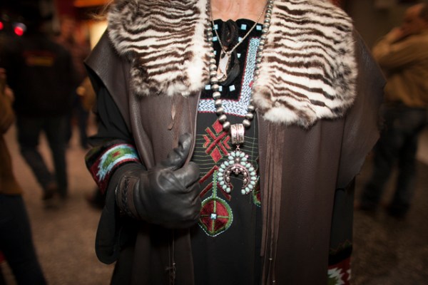 Shelly Weppler shows off her leather jacket and jewelry at the National Finals Rodeo at Thomas ...