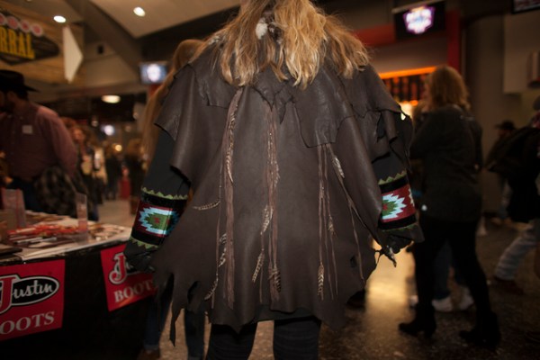 Shelly Weppler shows off her leather jacket at the National Finals Rodeo at Thomas & Mack C ...