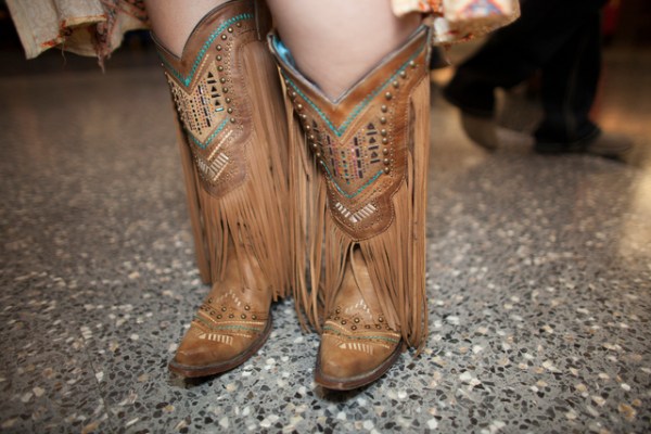 Jessica Thomas shows off her boots at the National Finals Rodeo at Thomas & Mack Center on ...