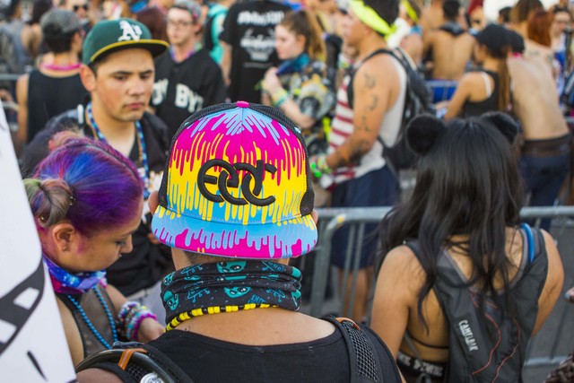 People stand in line at lost and found at Las Vegas Motor Speedway at the end of the three-day ...