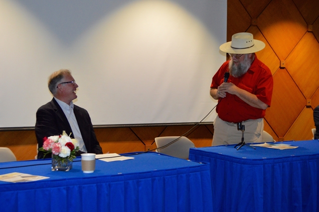Henderson Mayor Andy Hafen and Mark Hall-Patton, Clark County Museum administrator, talk at a past Henderson Historical Society event. The society plans its next meeting 4:30 p.m. May 12 at the Gi ...