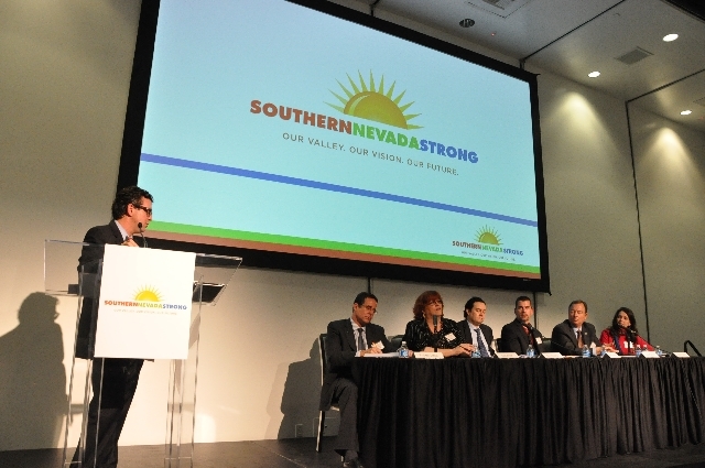 Jeremy Aguero, the principal analyst with Applied Analysis, leads a panel discussion at the Feb. 8 project launch of Southern Nevada Strong. COURTESY