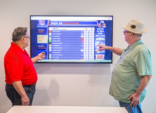 US Fantasy president Vic Salerno, left, discusses betting odds on a video display board with marketing manager Tom Willer on Thursday, Dec. 15, 2016, at US Fantasy, in Las Vegas. (Benjamin Hager/L ...