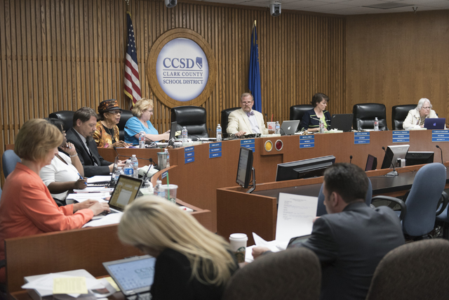 The Clark County School District Board of Trustees is seen during the CCSD board meeting to approve the district's final budget for the 2016-17 academic year at the Greer Education Center in Las V ...