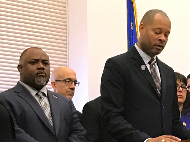 Assembly speaker Jason Frierson, left, and Senate Majority Leader Aaron Ford, talk about Democratic priorities for the 2017 legislative session at a news conference Thursday, Feb. 16, 2017 in Cars ...