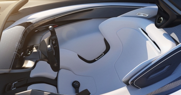 The cockpit for the Faraday Future FFZero1 concept electric car shows seats reclined at 45 degrees with headrest. The steering wheel has recessed space for docking personal mobile phone that enabl ...