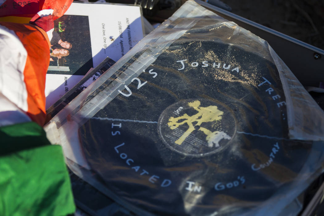 A briefcase with tributes and memorabilia from fans of rock band U2 sits with the fallen tree t ...