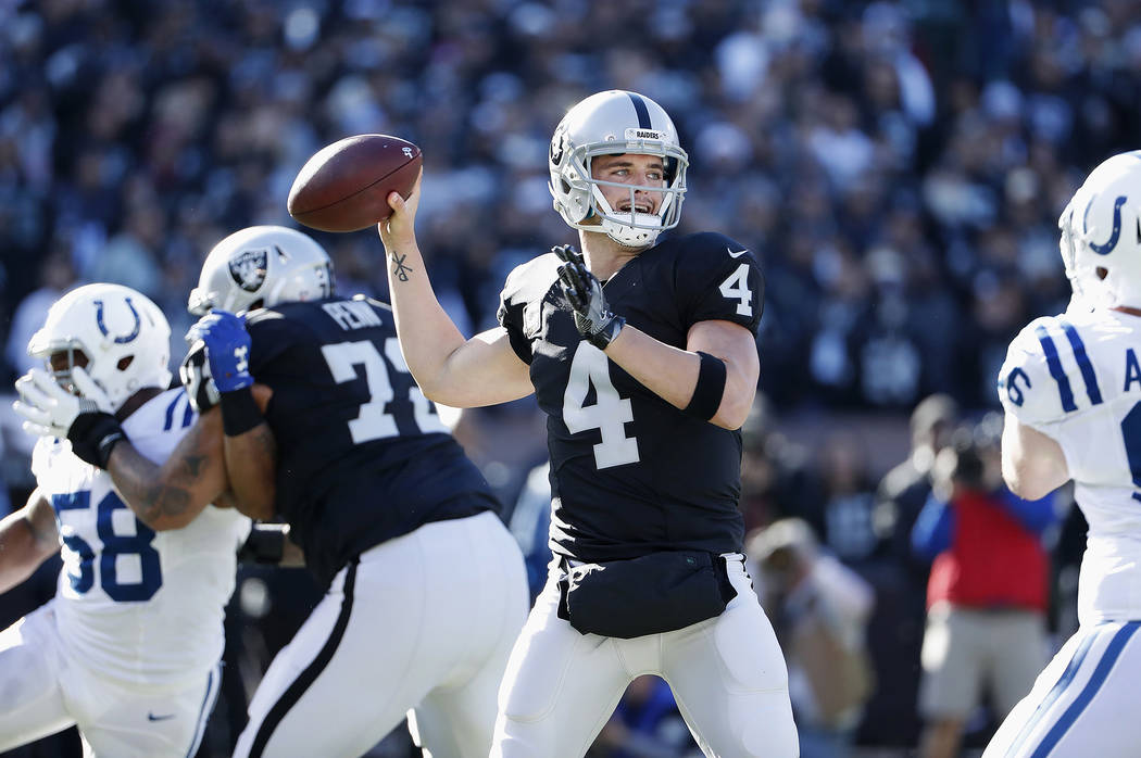 Oakland Raiders quarterback Derek Carr (4) passes against the Indianapolis Colts during the first half of an NFL football game in Oakland, Calif., Saturday, Dec. 24, 2016. (AP Photo/Tony Avelar)