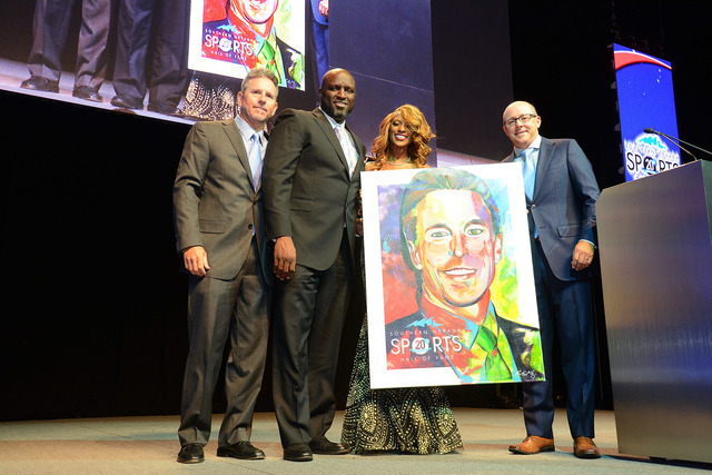COURTESY
The Southern Nevada Sports Hall of Fame honored the late Rich Abajian during ceremonies for the 20th annual Southern Nevada Sports Hall of Fame at the Orleans Arena. From left, Kevin Higg ...